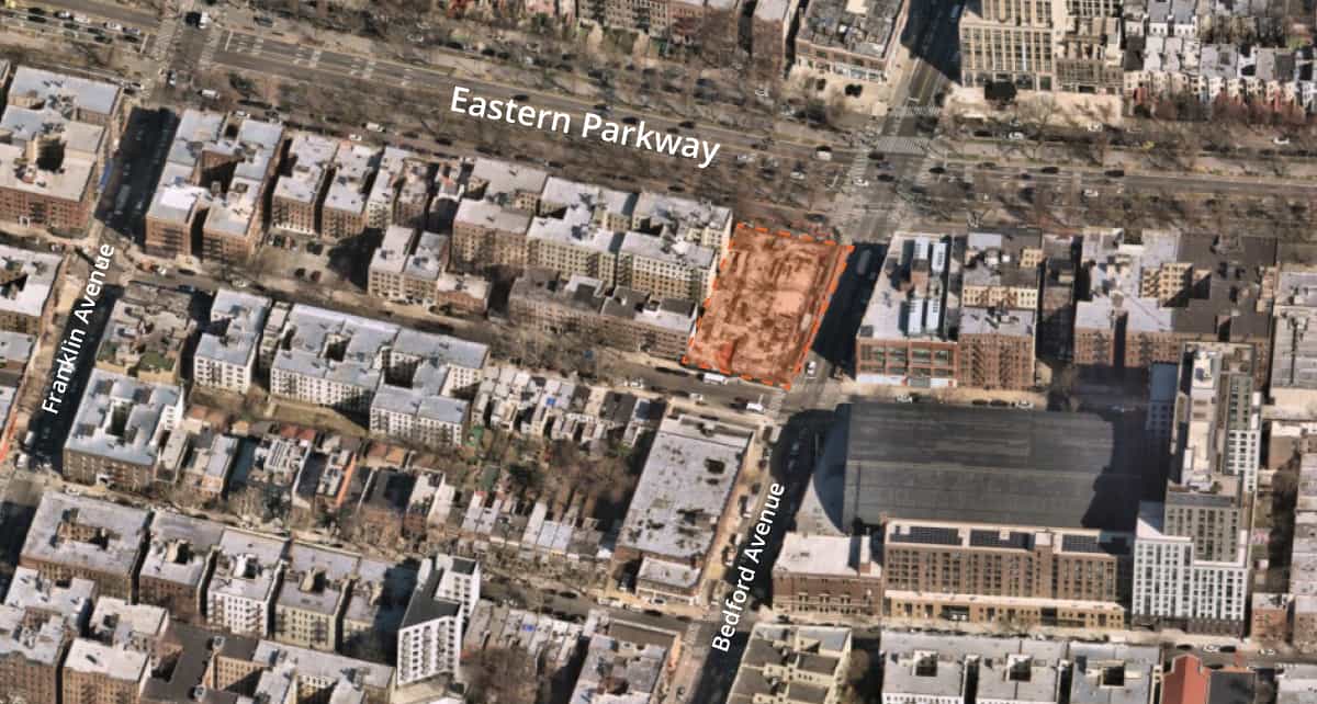 aerial view of 1550 Bedford Ave in Crown Heights, Brooklyn New York, 38,500 buildable square foot development site sold for $10.1 million brokered by Avison Young